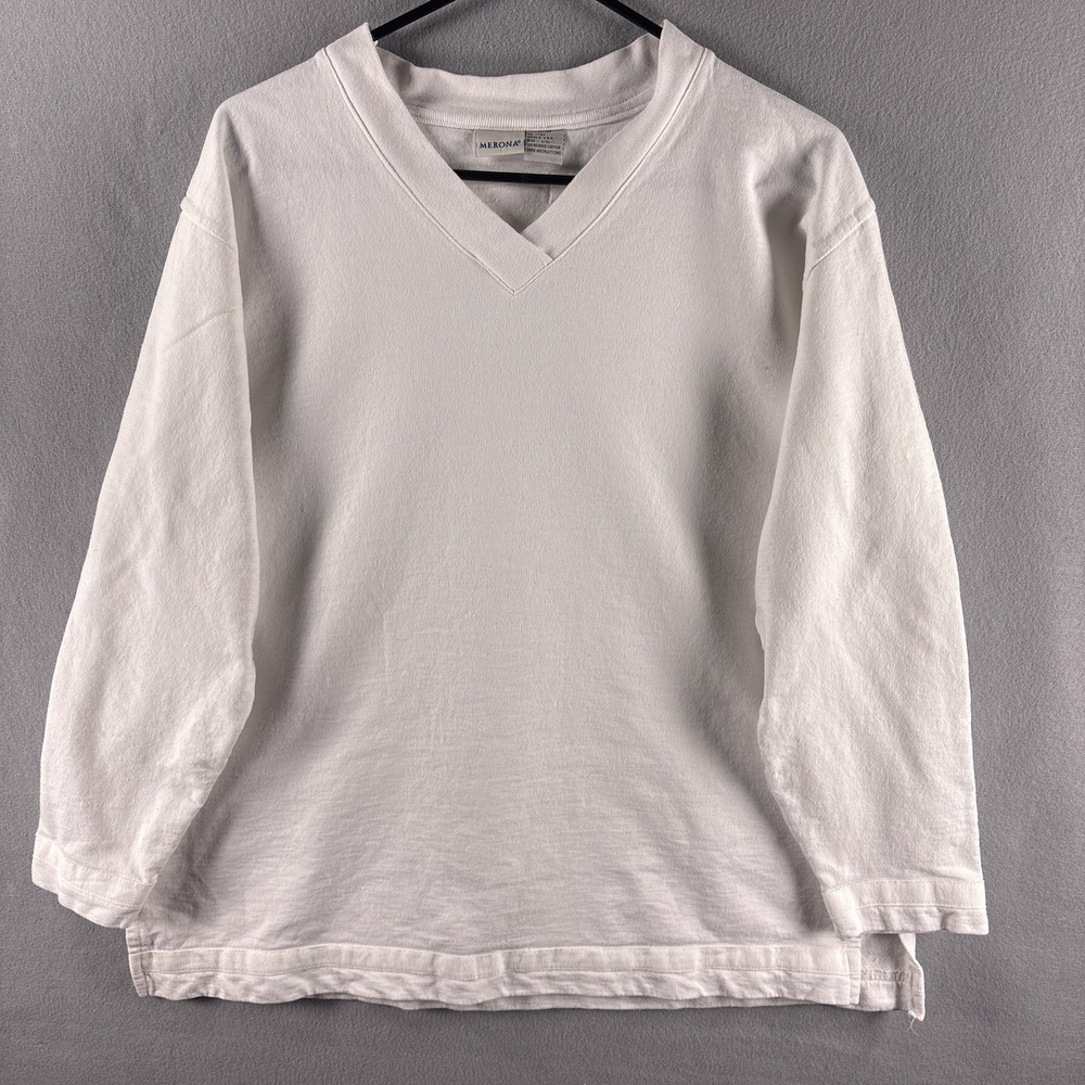 Vintage Merona L/XL V-Neck 3/4 Sleeve Pullover Top White Cotton Drop Shoulder